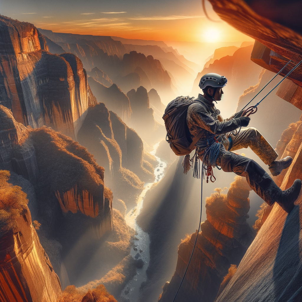 Adventurer rappelling down a rugged cliff at sunset, representing the Ultimate Rappelling Bucket List and Must-Visit Rappelling Spots for Adrenaline Junkies Travel at Extreme Sports Destinations.