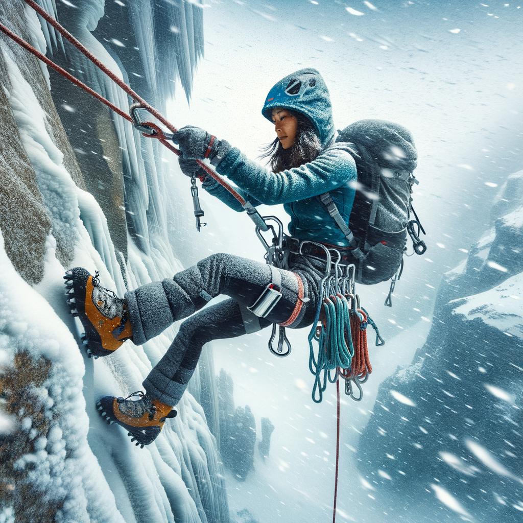 Professional climber demonstrating extreme weather rappelling techniques in a snowstorm, highlighting safety measures and the importance of proper rappelling gear for extreme weather conditions.