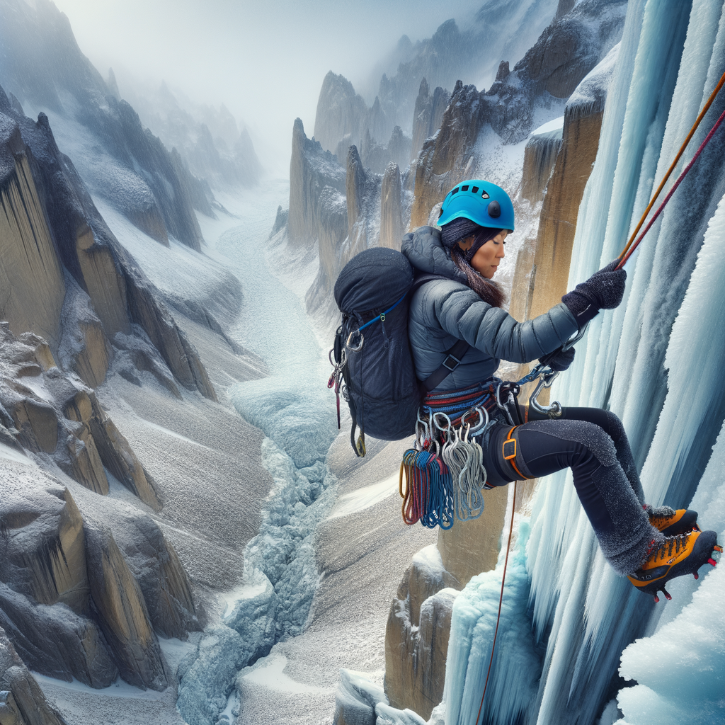 Professional climber performing extreme rappelling in harsh weather, demonstrating survival skills and rappelling techniques in nature's extremes for an outdoor adventure.
