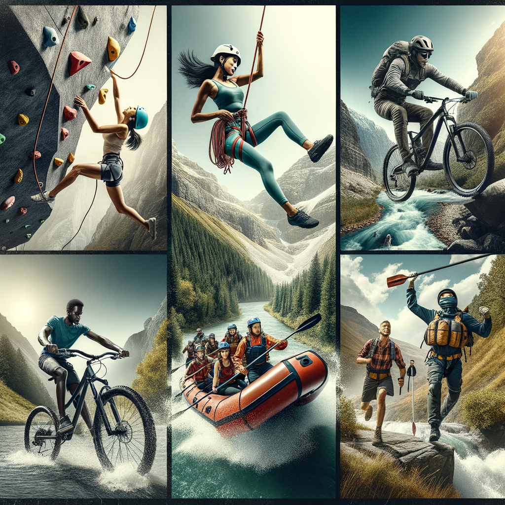 Thrilling multisport adventures collage featuring rappelling techniques, rock climbing, mountain biking, whitewater rafting, hiking and showcasing the excitement of extreme outdoor sports and adventure travel in multisport holiday packages.