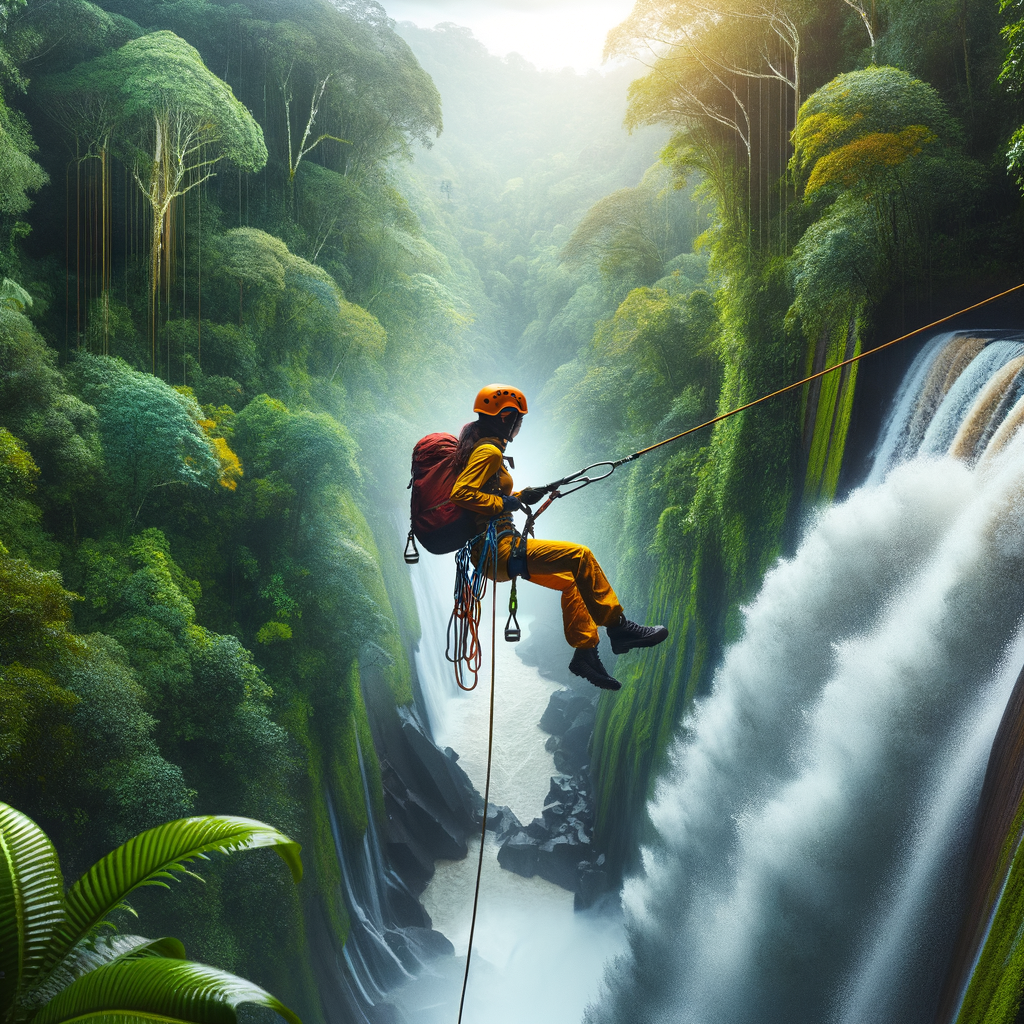 Professional adventurer demonstrating safe rappelling techniques during a waterfall descent, highlighting the thrill of extreme sports and adventure tourism in nature's obstacle course.