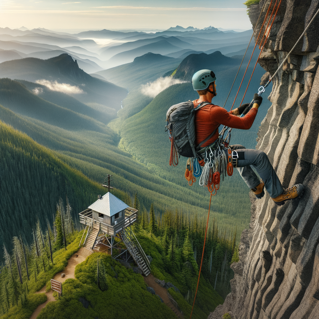 Professional mountain climber using advanced rappelling techniques and equipment to descend a cliff, with a view from fire lookout tower showcasing a scenic panorama, sign indicating fire lookout jobs and start of fire lookout hikes.