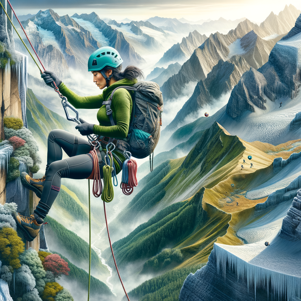 Professional mountain climber using advanced rappelling techniques and high-quality gear for a thrilling vertical descent from snowy peak to lush plateau, showcasing diverse terrain exploration and rappelling safety tips in extreme sports adventure.