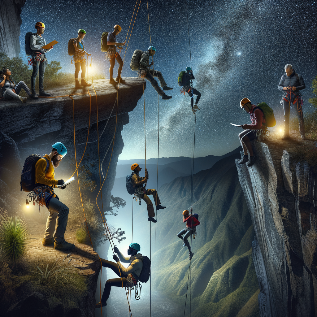 Adventure enthusiasts experiencing nighttime rappelling adventures, demonstrating unique descent and night rappelling techniques, emphasizing rappelling safety tips and the thrill of extreme sports at night.
