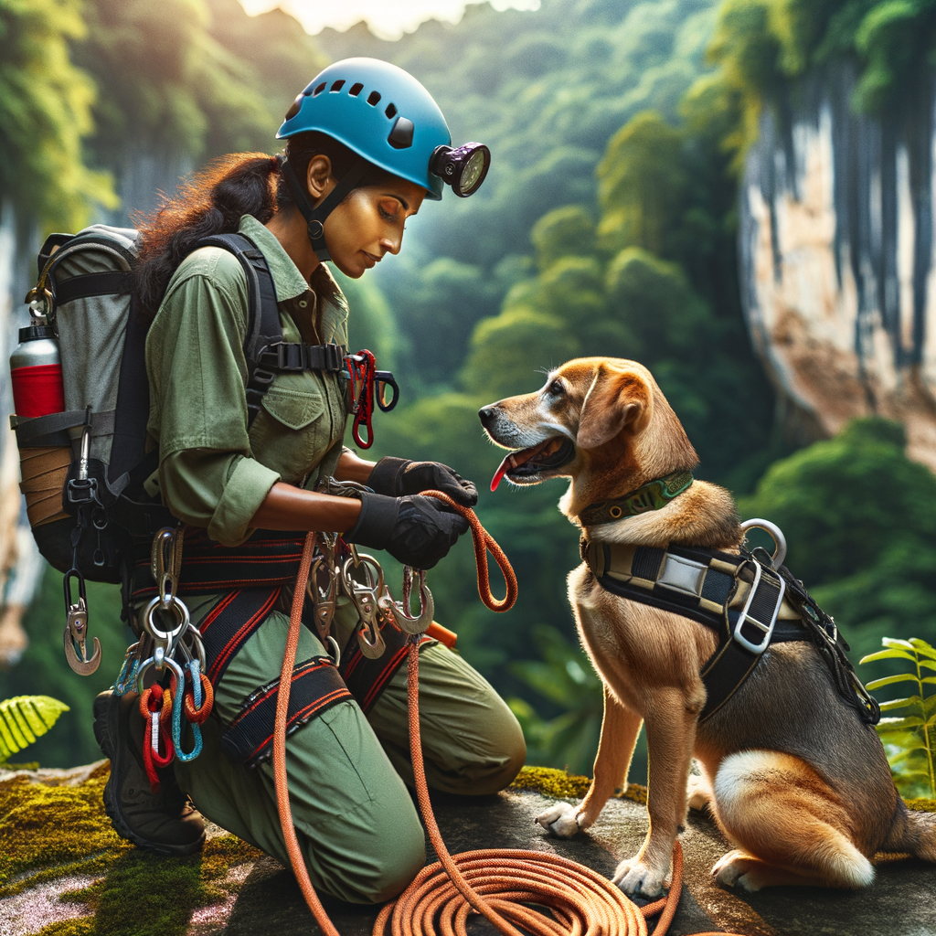Professional dog trainer demonstrating safety tips for rappelling with dogs using canine rappelling gear, showcasing outdoor activities with dogs and the bond between adventure partners