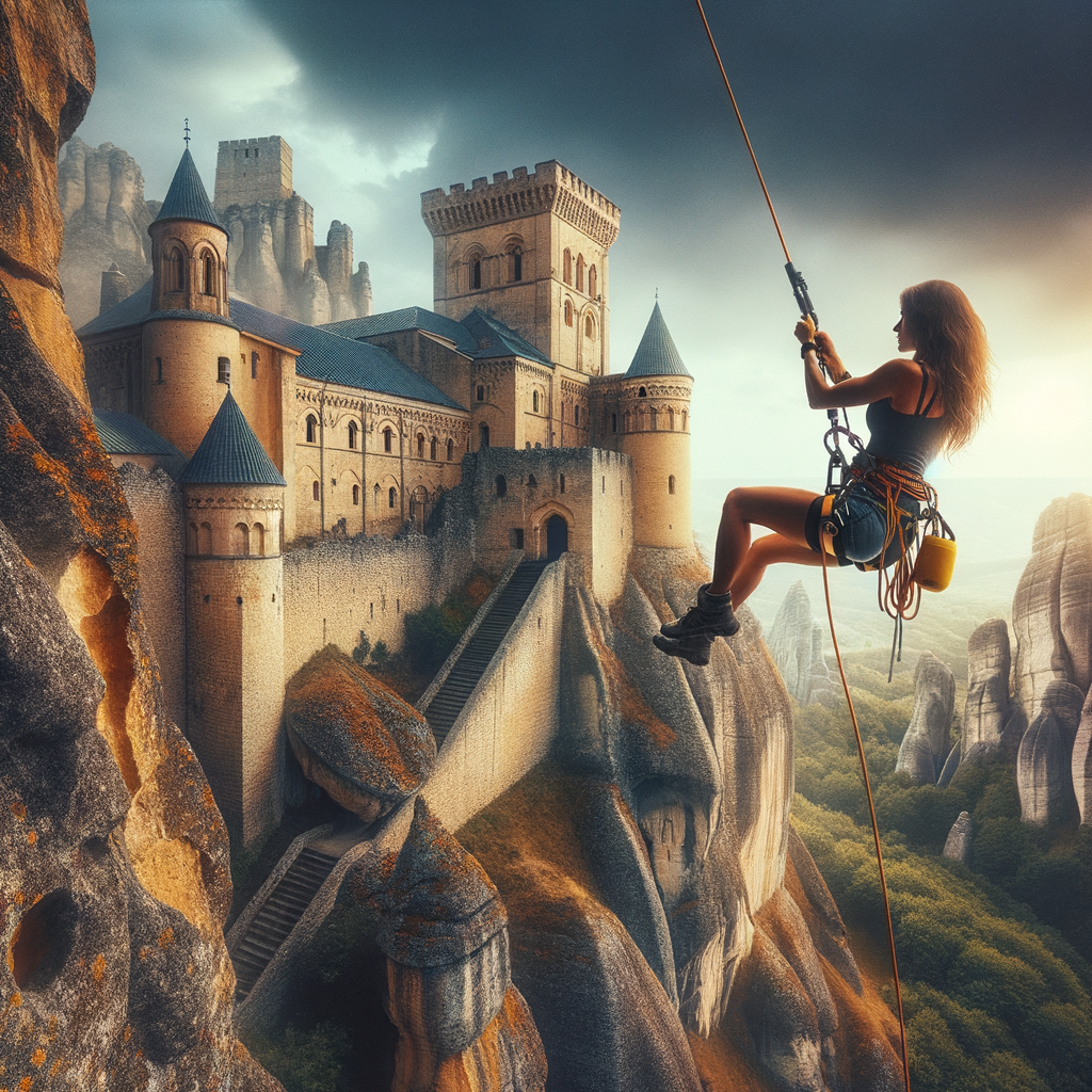 Daring adventurer performing historical rappelling in time-traveling descent at an ancient castle, showcasing adventure sports in history and rappelling time travel at historical locations.
