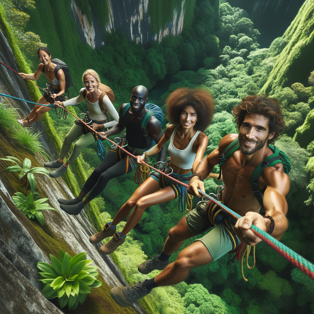 Eco-conscious travelers enjoying sustainable rappelling travel, embodying adventure ecotourism activities on a lush green cliffside