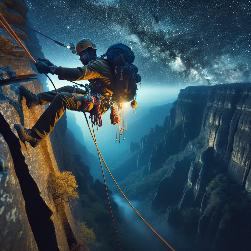 Adventurer demonstrating advanced nighttime rappelling techniques and safety tips while pushing boundaries in extreme edge rappelling under a starlit sky, encapsulating the thrill of adventure sports at night.