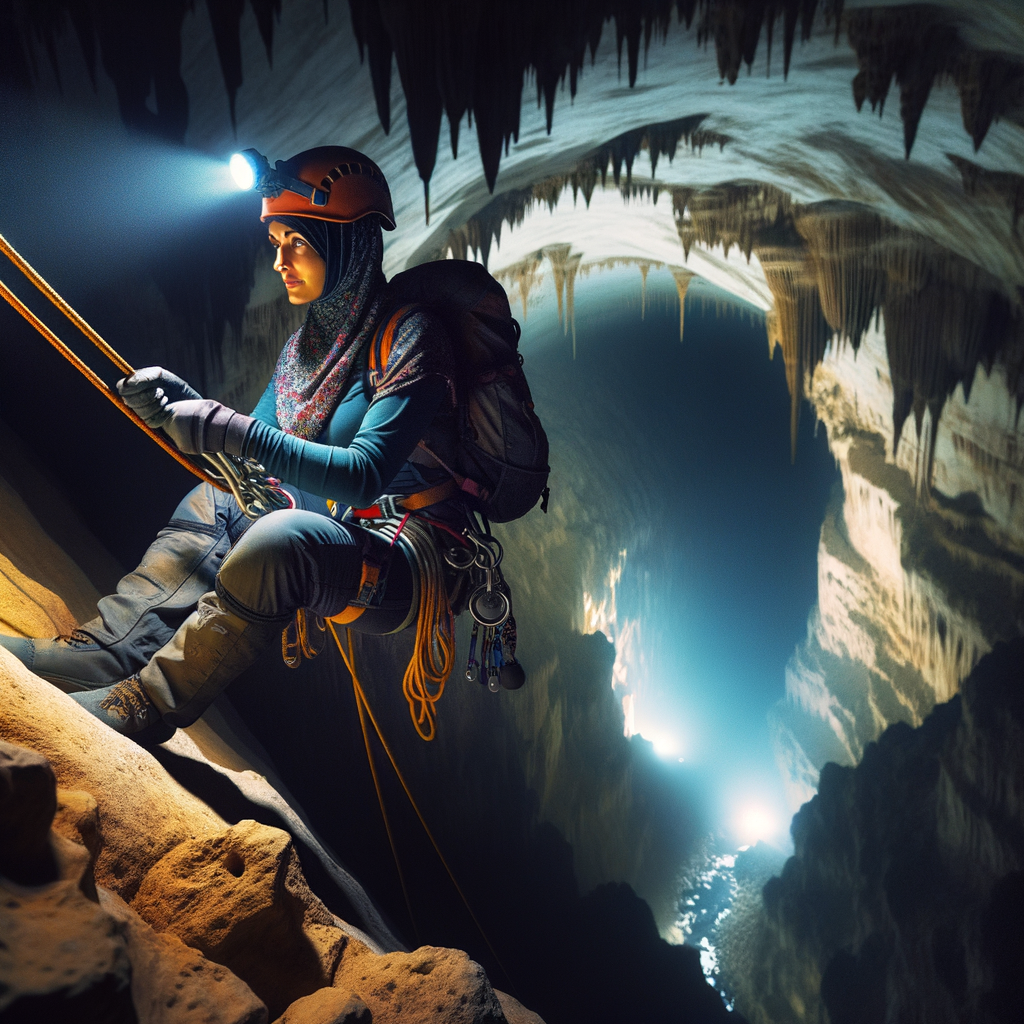 Professional rappeller demonstrating nocturnal rappelling techniques during nighttime cave exploration, encapsulating the thrill of adventure sports at night and extreme sports in caves.