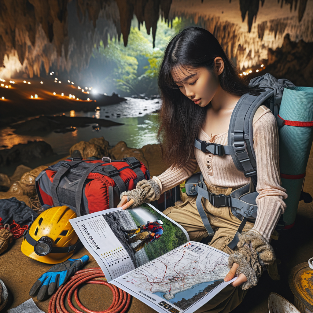 Novice caver preparing for an overnight trip using a Cave Camping Guide, setting up camp with beginner's caving equipment, following a cave camping checklist, and planning the journey using a map of the best locations for cave camping.