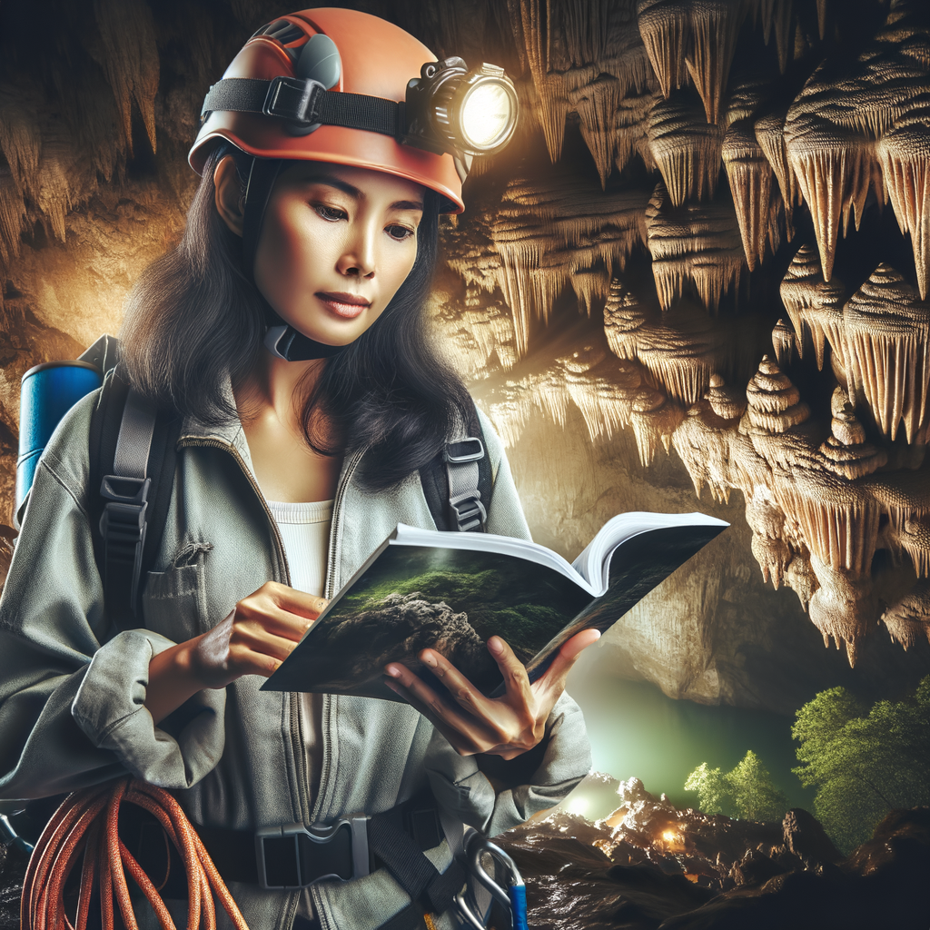 Professional spelunker studying a Cave Exploration Guide with full Cave Exploration Equipment, emphasizing the importance of Adventure Planning Tips and Safety Tips for Cave Exploration in a vast underground cave system.
