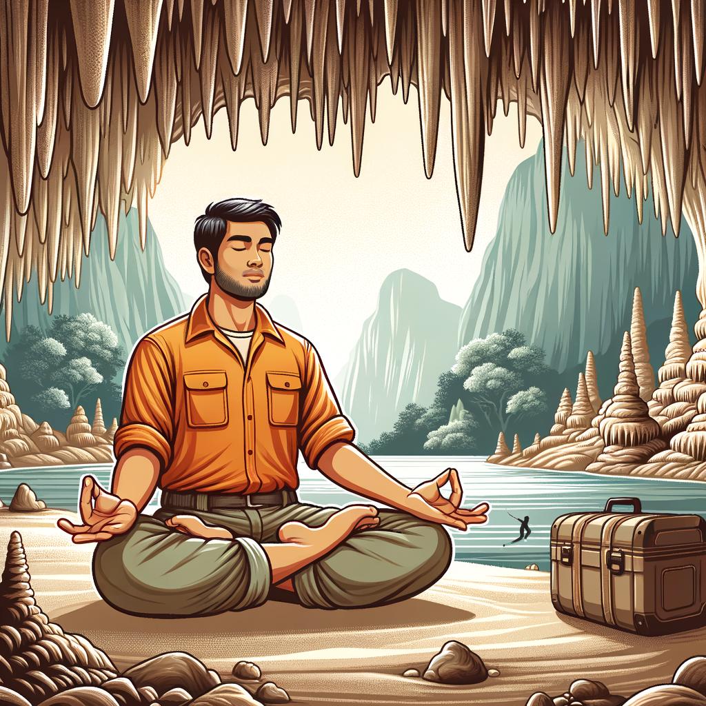 Caver meditating in peaceful cave, illustrating the mental health benefits of caving for stress relief and mindfulness, promoting outdoor activities for mental wellness.