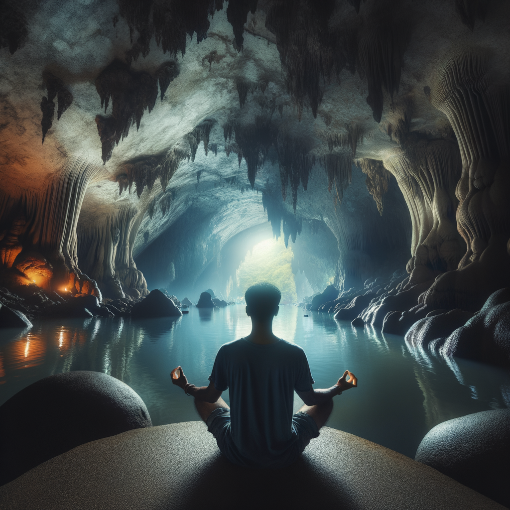 Person practicing Zen caving therapy through mindful meditation in a subterranean cave, demonstrating the therapeutic benefits and healing powers of caving for mental health and wellness.