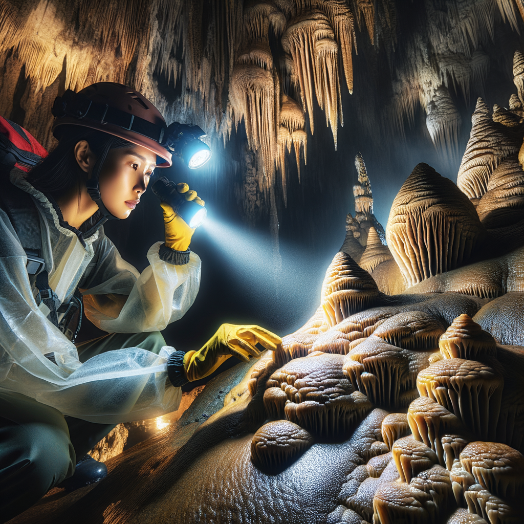 Professional speleologist during cave exploration, studying ancient cave formations in Earth's geological time capsules for cave archaeology, symbolizing the chronicles of underground exploration in cave history.