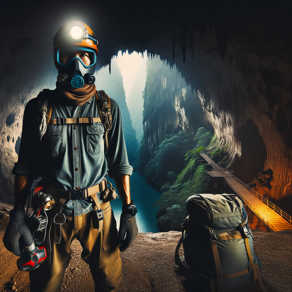 Professional adventurer ready for cave exploration at the entrance of one of the world's iconic caves, showcasing the thrill of adventure travel and underground tourism