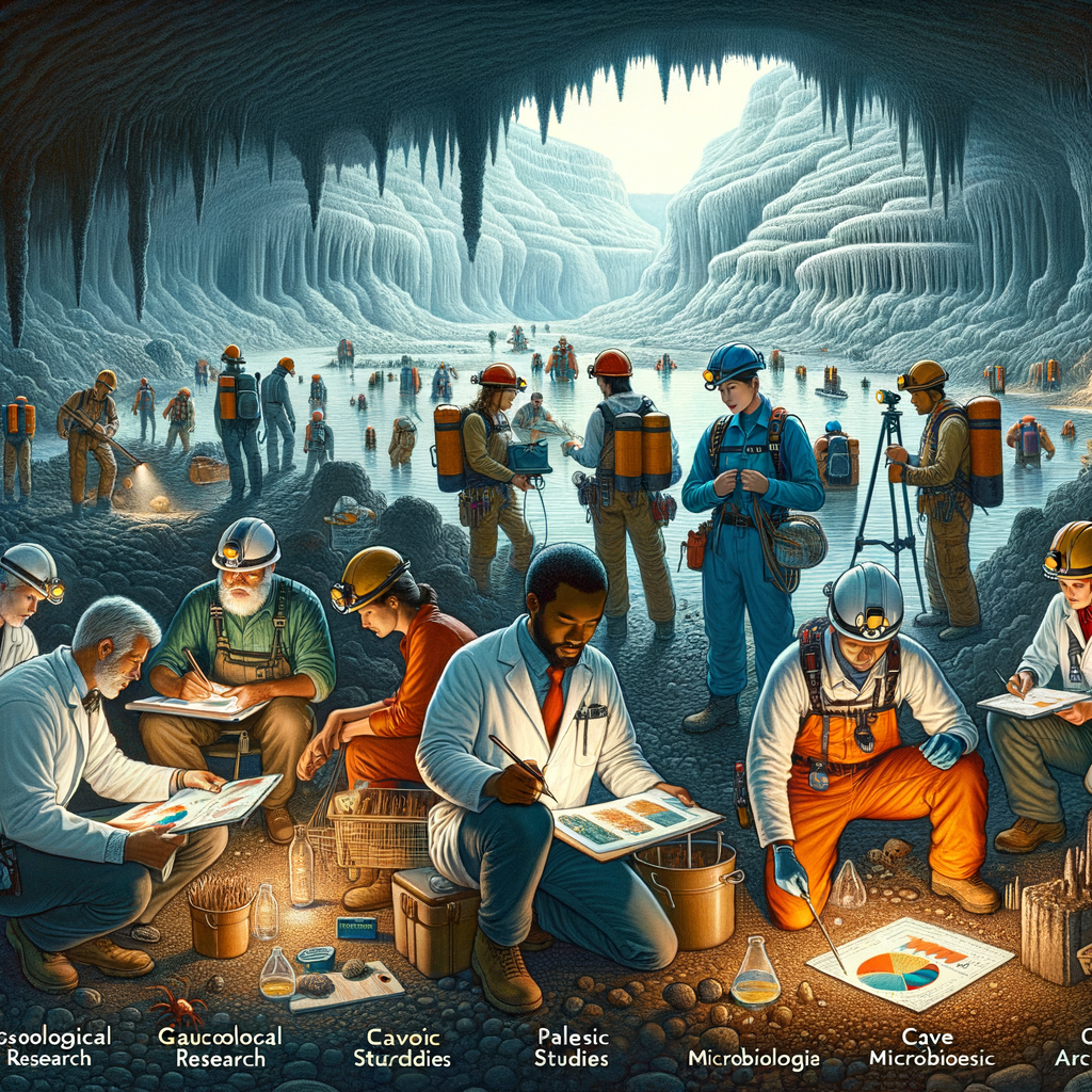 Speleologists conducting diverse scientific research in caves, including geological, paleoclimate, biology, microbiology, and archaeology studies, emphasizing the importance of caving exploration for science.
