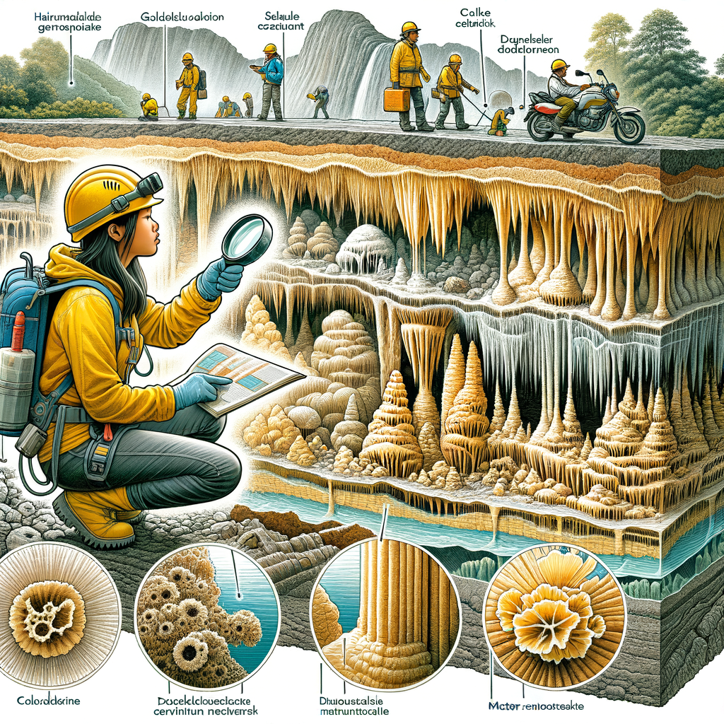 Scientist studying geological formations in a detailed cross-sectional illustration of a cave, emphasizing the study of cave formation processes for understanding cave geology.