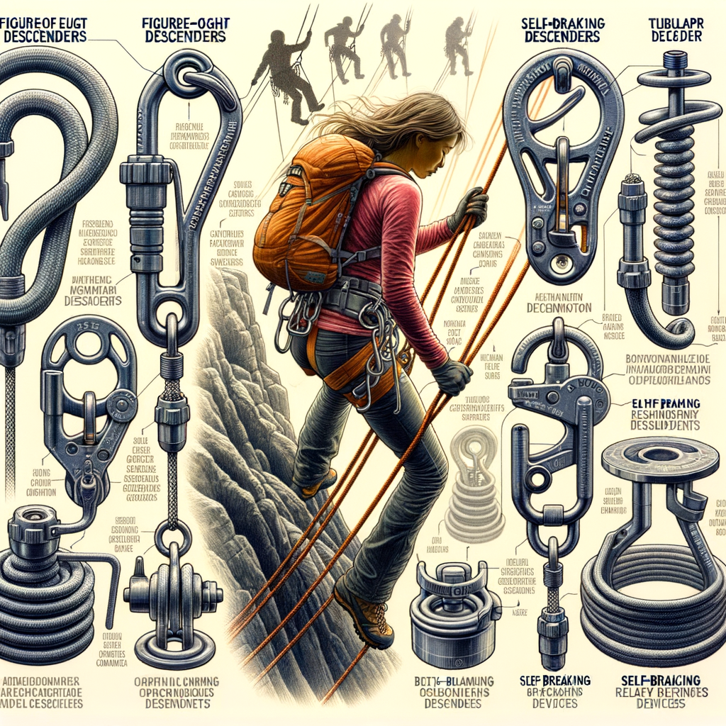 Comprehensive rappelling devices guide illustrating various types, parts labeled for understanding rappelling devices, with climber using gear in practical application, demystifying advanced rappelling techniques.