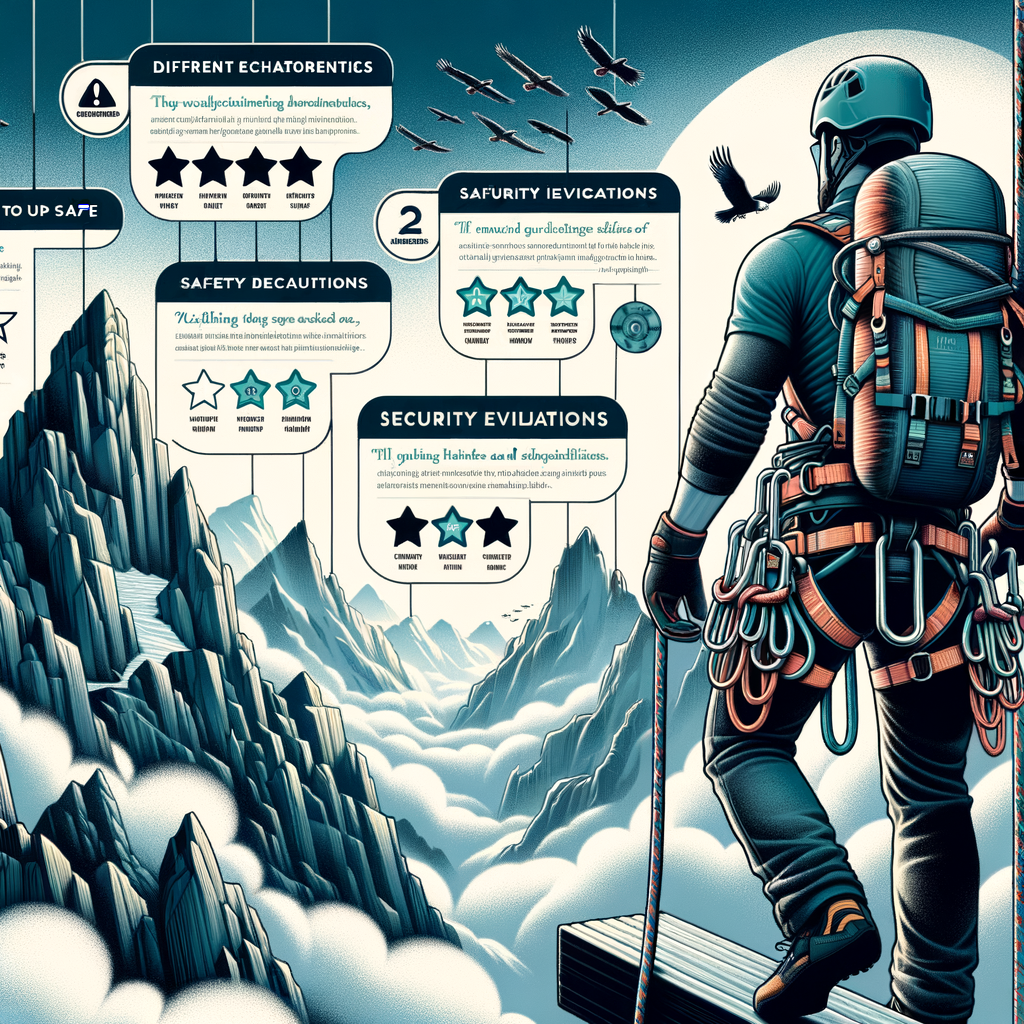 Comprehensive Rappelling Harness Guide infographic featuring top-rated brands, safety ratings, user reviews, and steps for choosing the best rappelling harness emphasizing on safety in gear selection.