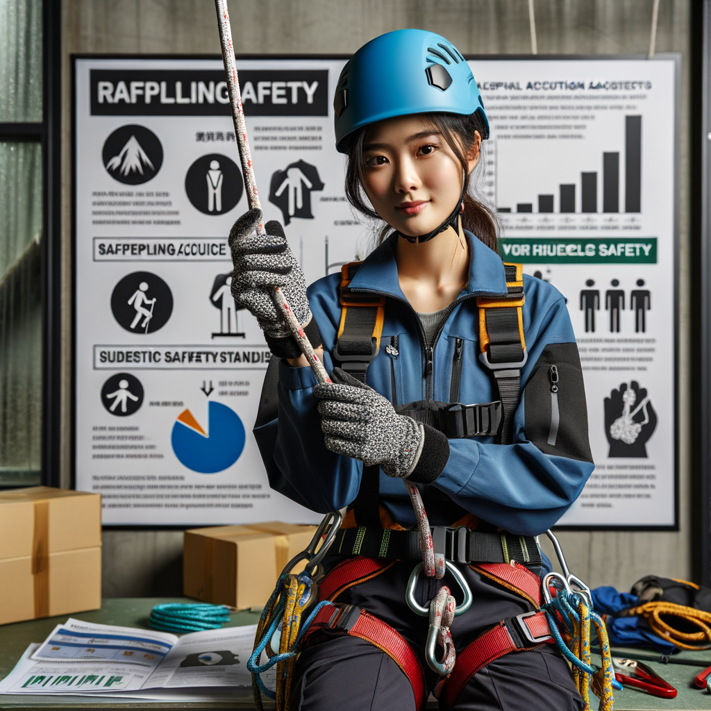 Professional mountaineer demonstrating safe rappelling techniques with safety equipment, providing tips, and highlighting facts about rappelling safety measures, risks, accidents, and the importance of training.