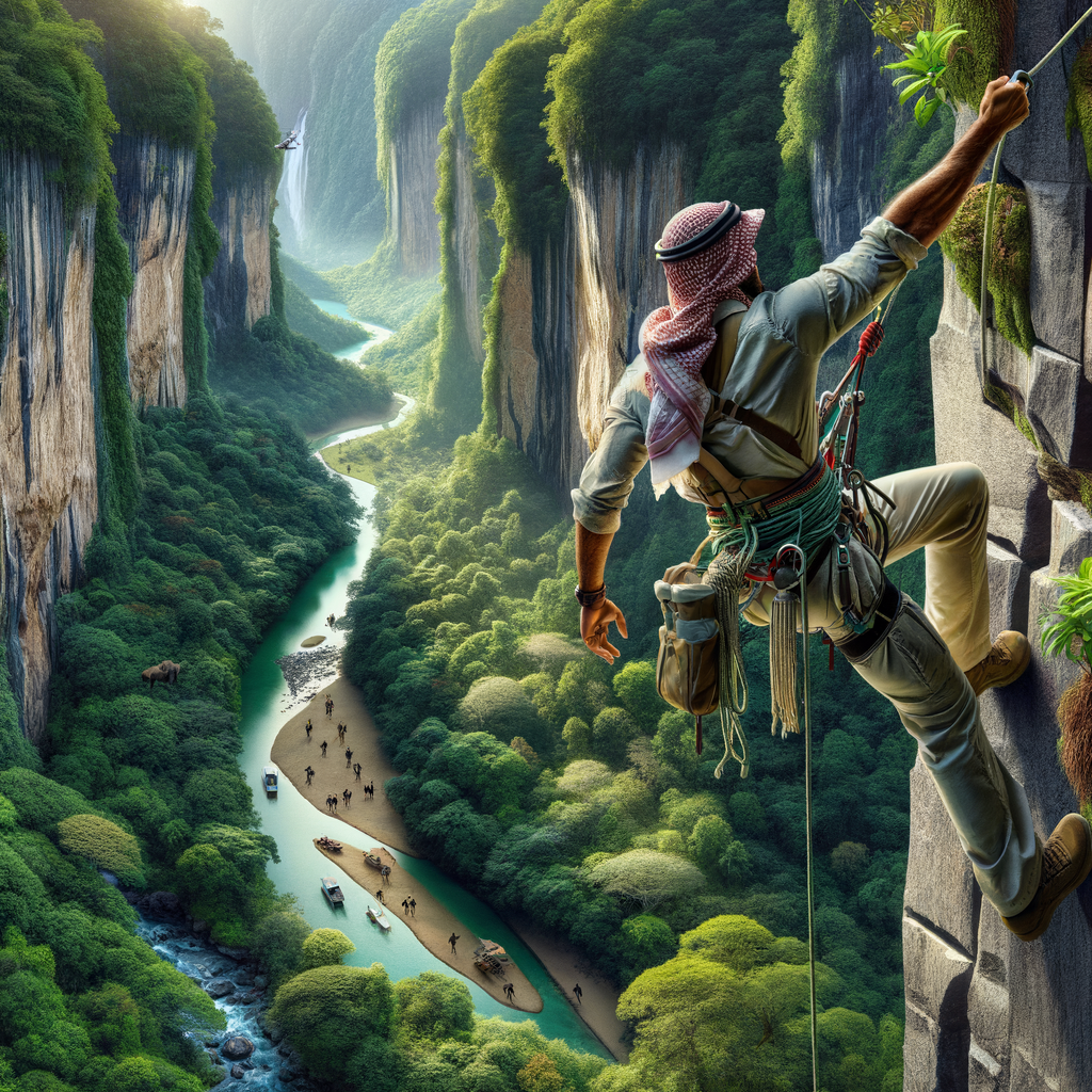 Adventurer engaged in a thrilling wilderness rappelling escape, showcasing the essence of off-the-grid adventures, nature's secrets, and eco-friendly travel in remote rappelling locations.