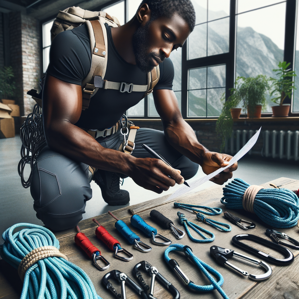 Professional climber performing essential rappelling gear maintenance, inspecting climbing equipment for safety, and following a rappelling gear checklist for rock climbing equipment safety.