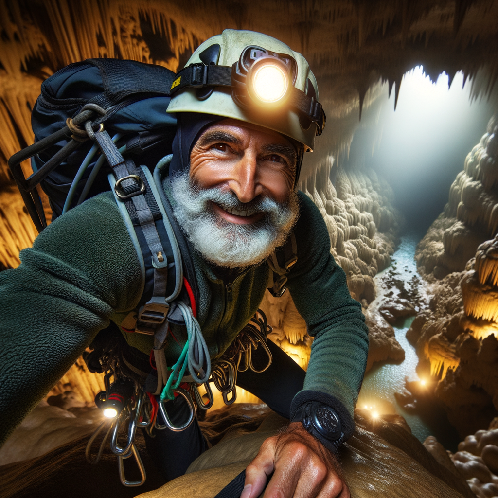 Professional spelunker exploring hidden caves, experiencing the thrill of cave networks discovery and the adventure in unknown cave exploration.