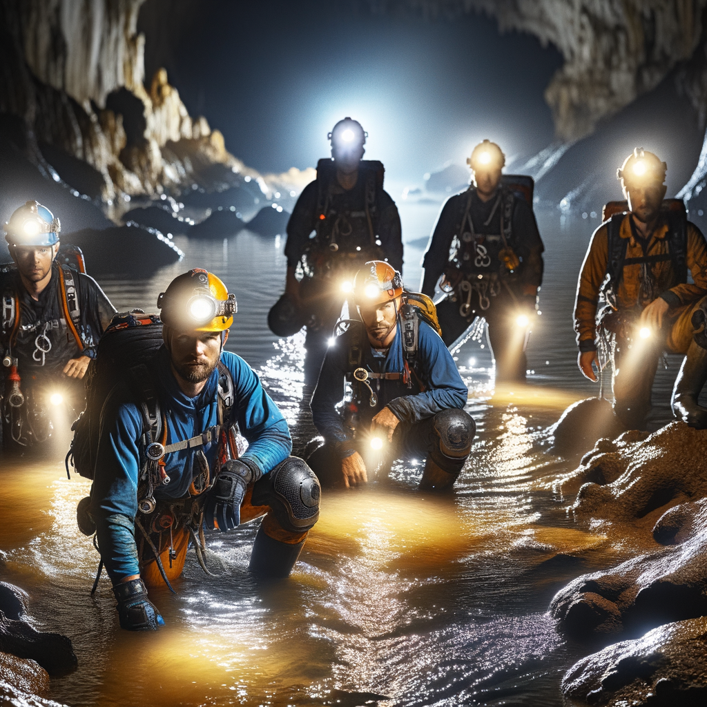 Team of professional explorers embarking on a subterranean river adventure, exploring the mysteries of the underground water systems and secrets of underground rivers.