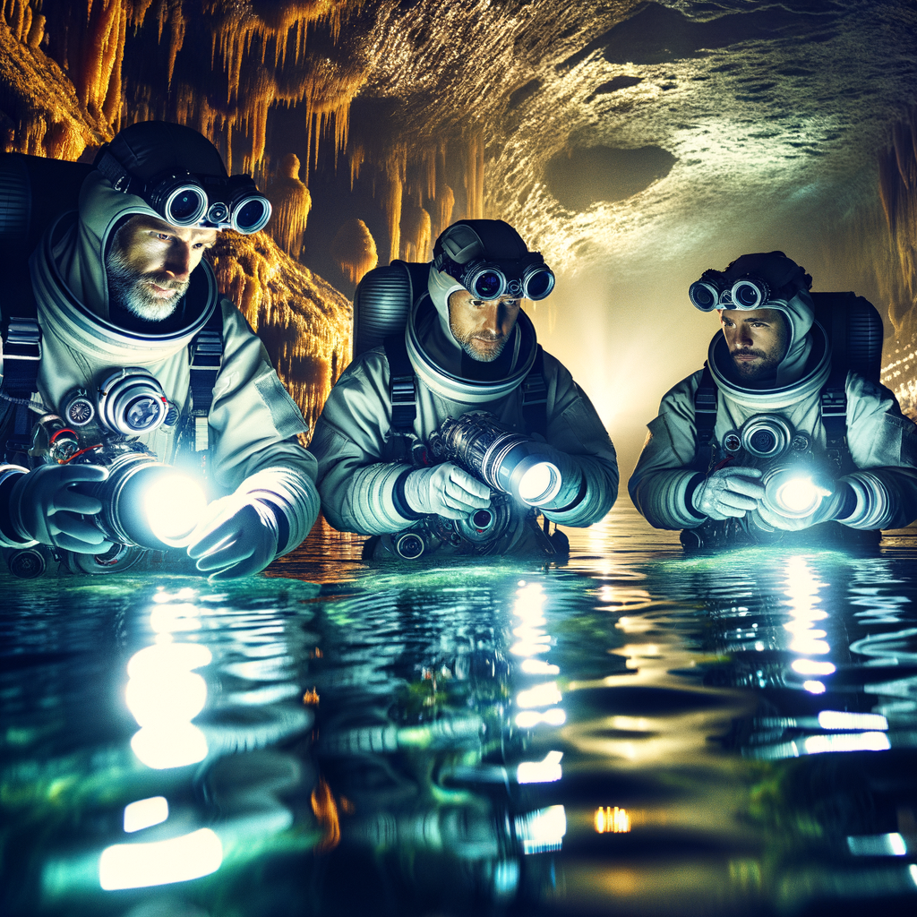Professional explorers studying the aquatic ecosystems of a vast, illuminated subterranean lake, showcasing the beauty and mystery of underground water bodies during a subterranean lakes exploration.